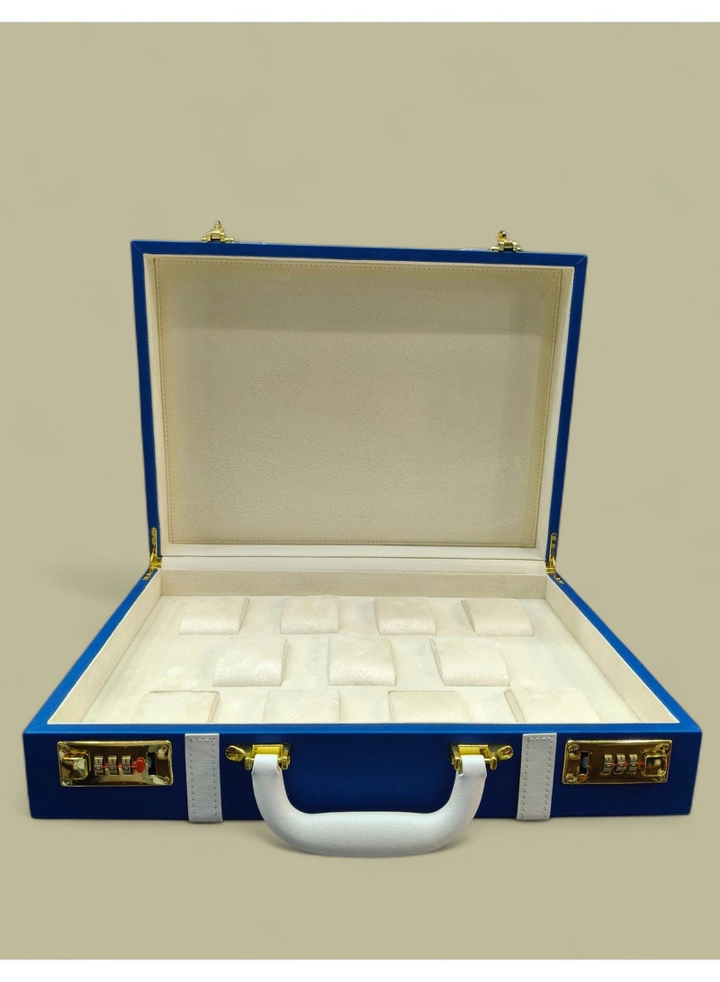 Al Seraj Premium Blue Rexine 11‑Slot Watch Box Organizer with Lock | Luxury Briefcase Style Portable Watch Storage Case with Soft Beige Suede Interior | Elegant Display & Gift Watch Holder for Men - Image 1